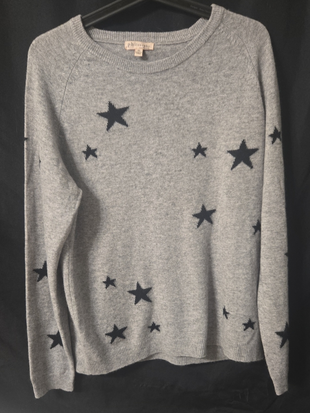 Philosophy 100% Cashmere Grey Sweater with Navy Star Motif